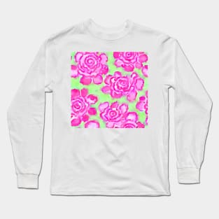 Pink watercolor roses on light green Long Sleeve T-Shirt